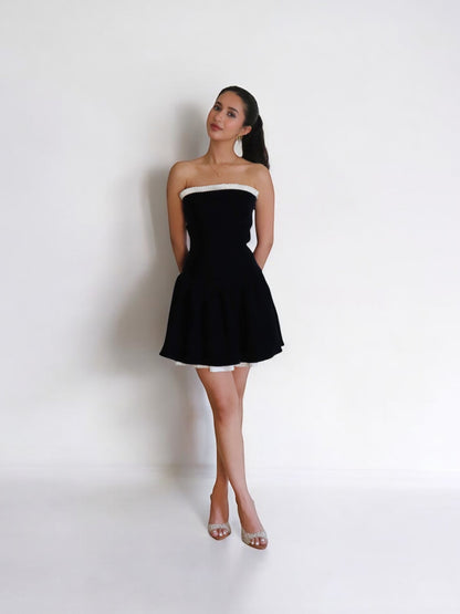 MIDNIGHT STRAPLESS VELVET PLEATED DRESS