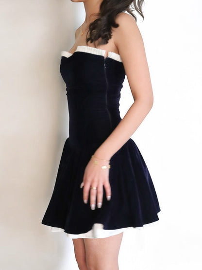 MIDNIGHT STRAPLESS VELVET PLEATED DRESS