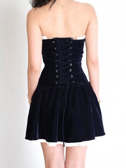 MIDNIGHT STRAPLESS VELVET PLEATED DRESS