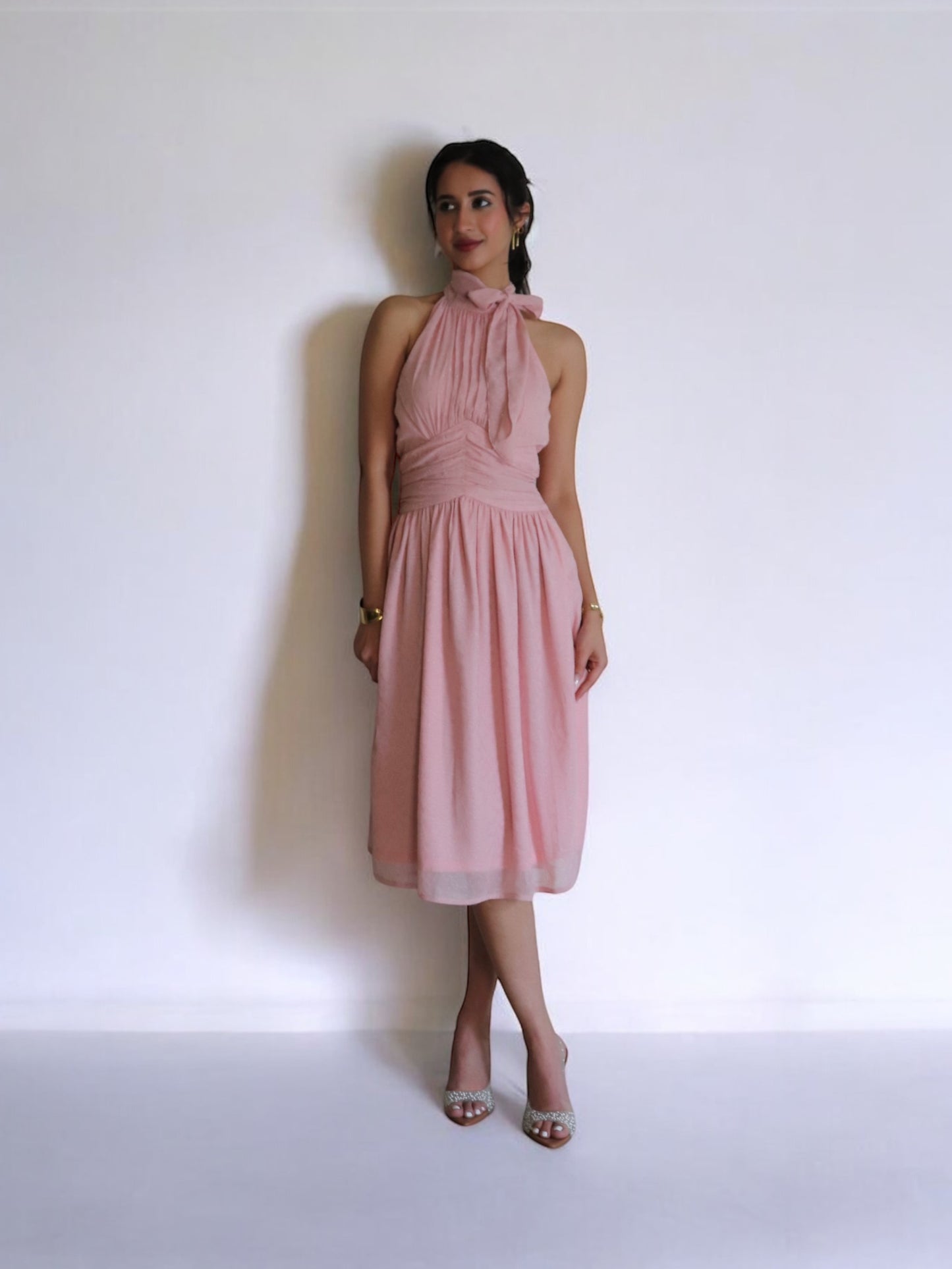 PINK HALTER NECK TIE MIDI DRESS