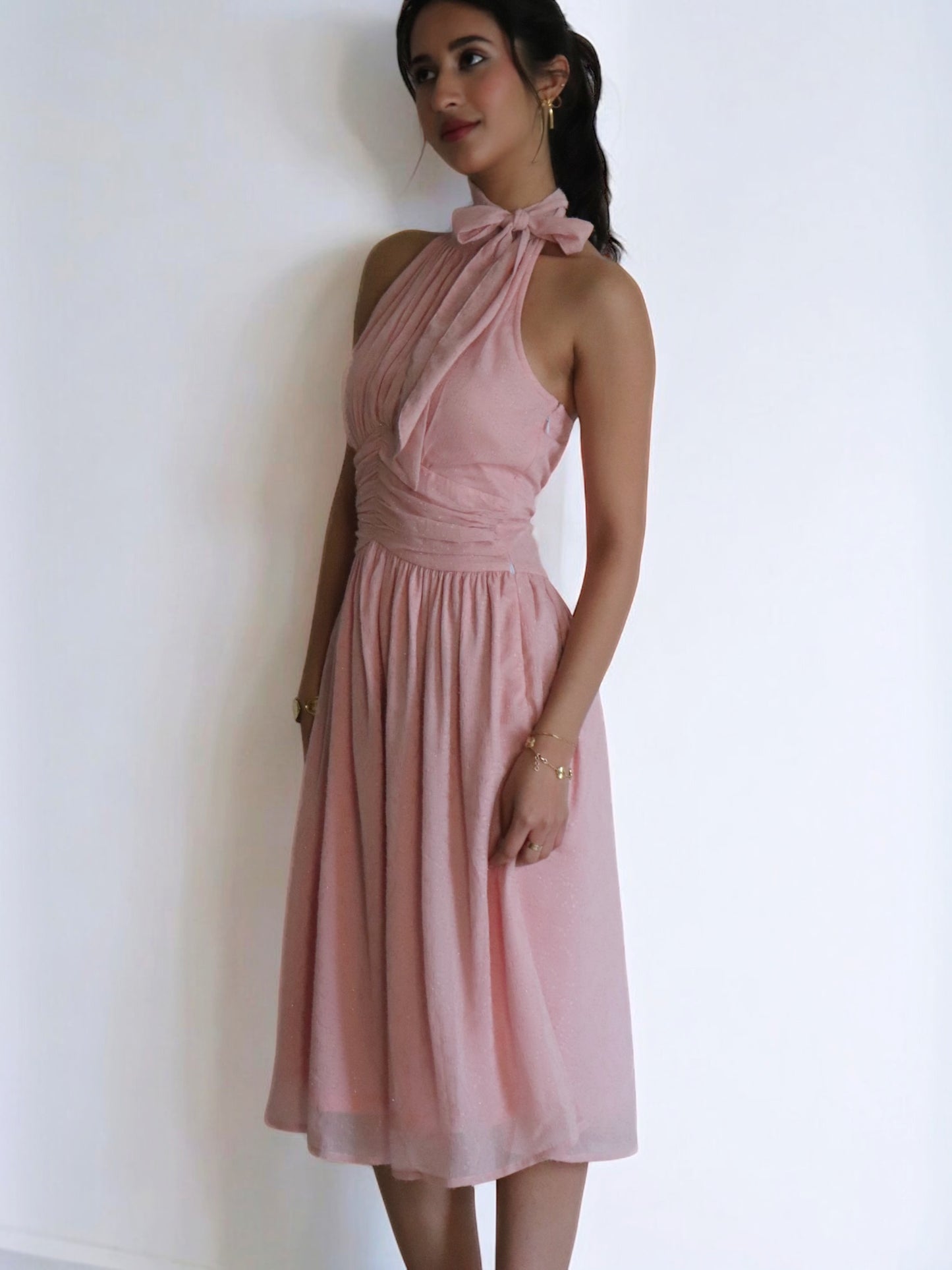 PINK HALTER NECK TIE MIDI DRESS