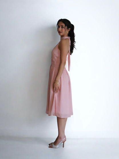 PINK HALTER NECK TIE MIDI DRESS