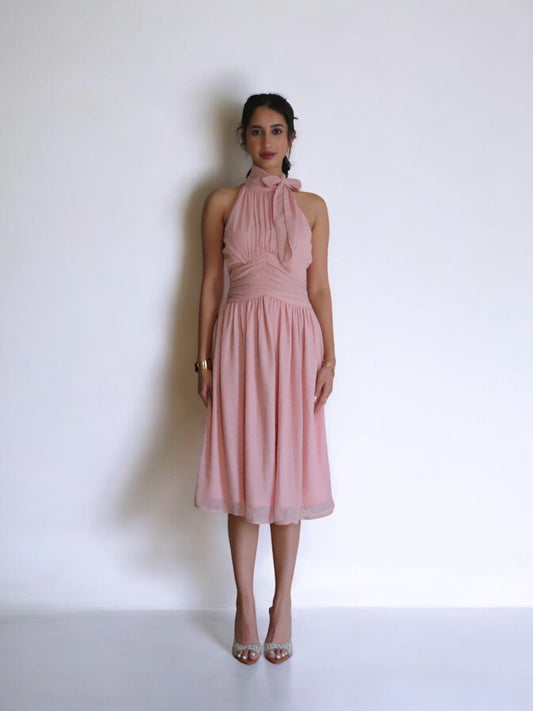 PINK HALTER NECK TIE MIDI DRESS