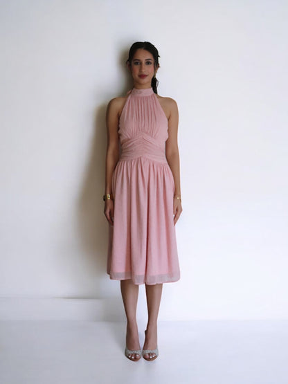 PINK HALTER NECK TIE MIDI DRESS