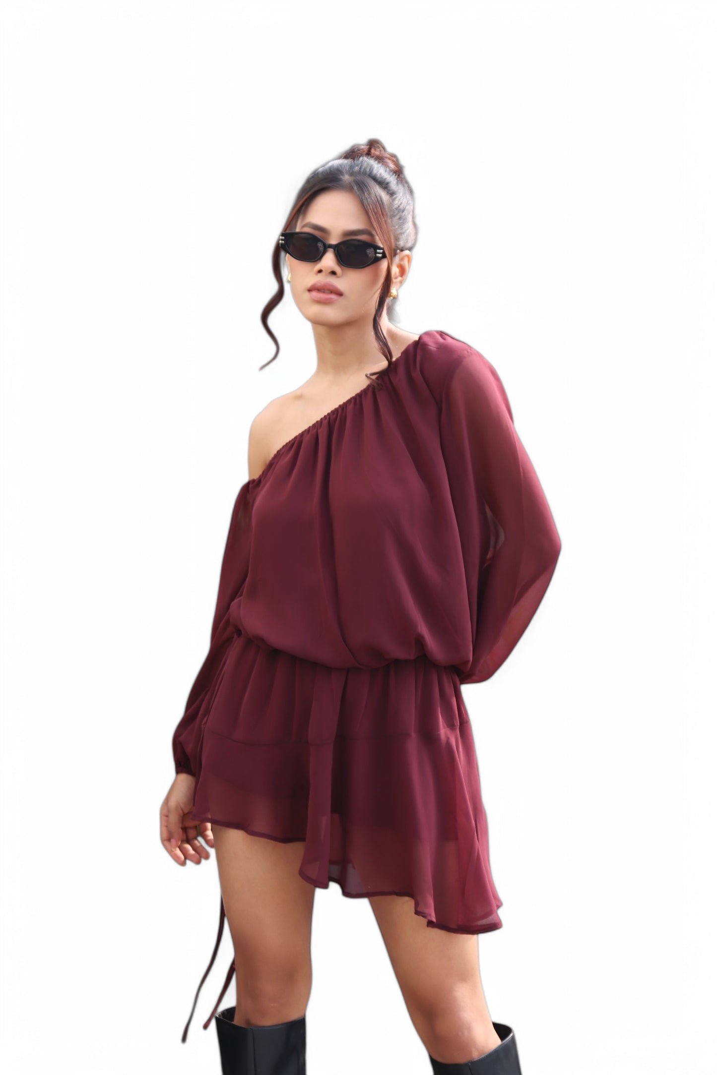 DROP DOWN BURGUNDY SHOULDER DRESS