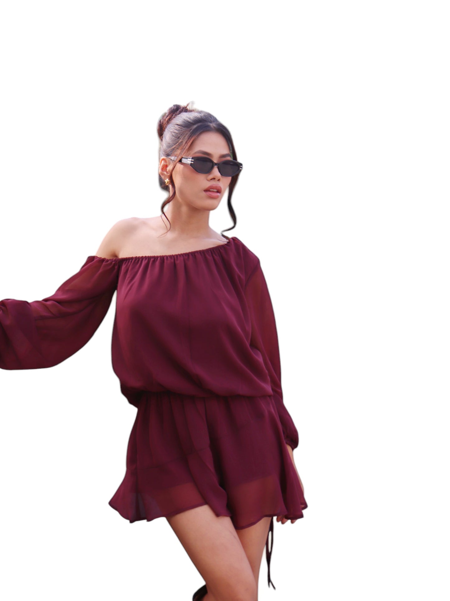 DROP DOWN BURGUNDY SHOULDER DRESS