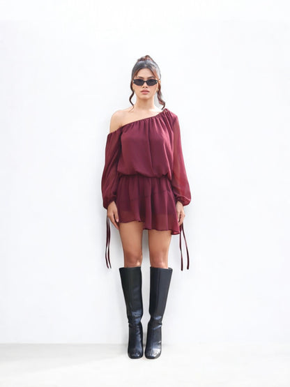 DROP DOWN BURGUNDY SHOULDER DRESS