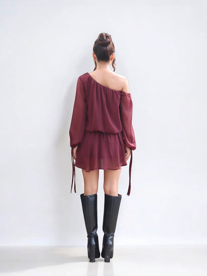 DROP DOWN BURGUNDY SHOULDER DRESS