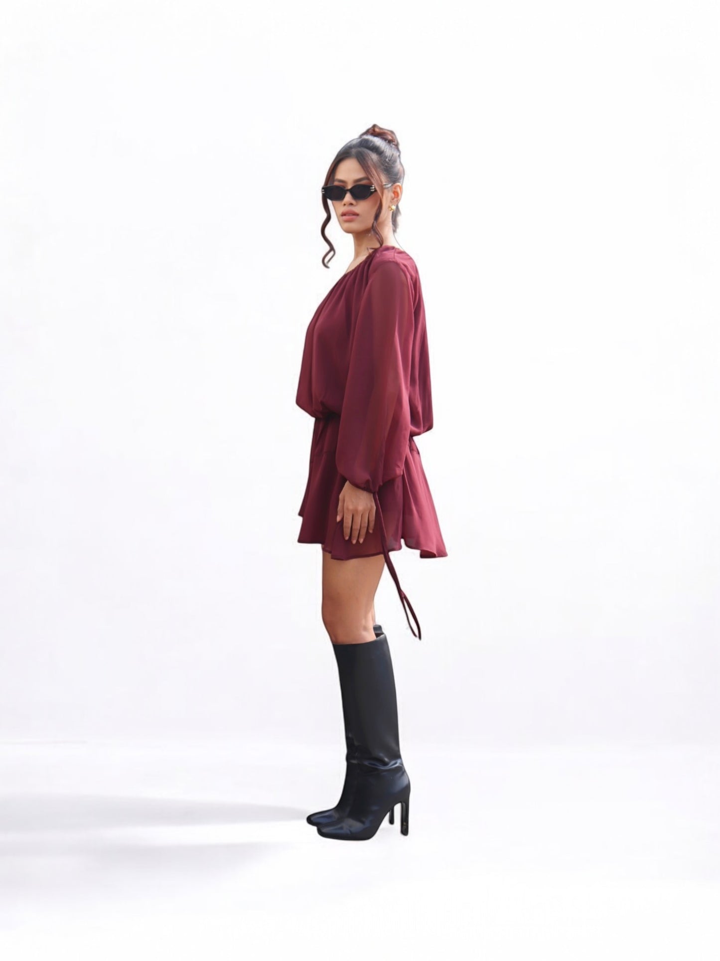 DROP DOWN BURGUNDY SHOULDER DRESS