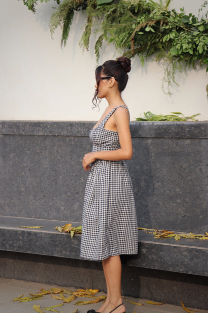 BLACK AND WHITE GINGHAM MIDI DRESS