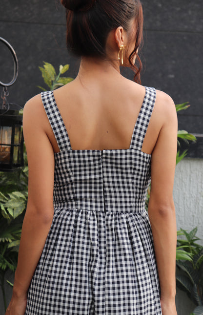 BLACK AND WHITE GINGHAM MIDI DRESS