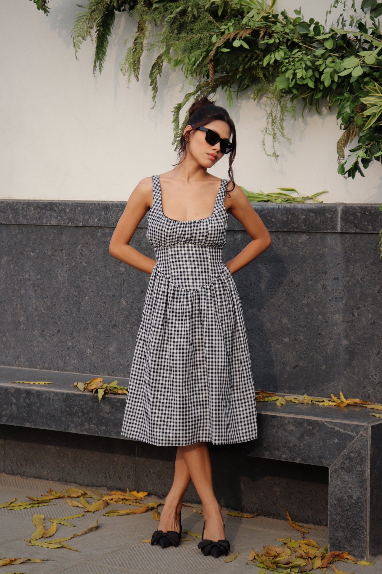 BLACK AND WHITE GINGHAM MIDI DRESS