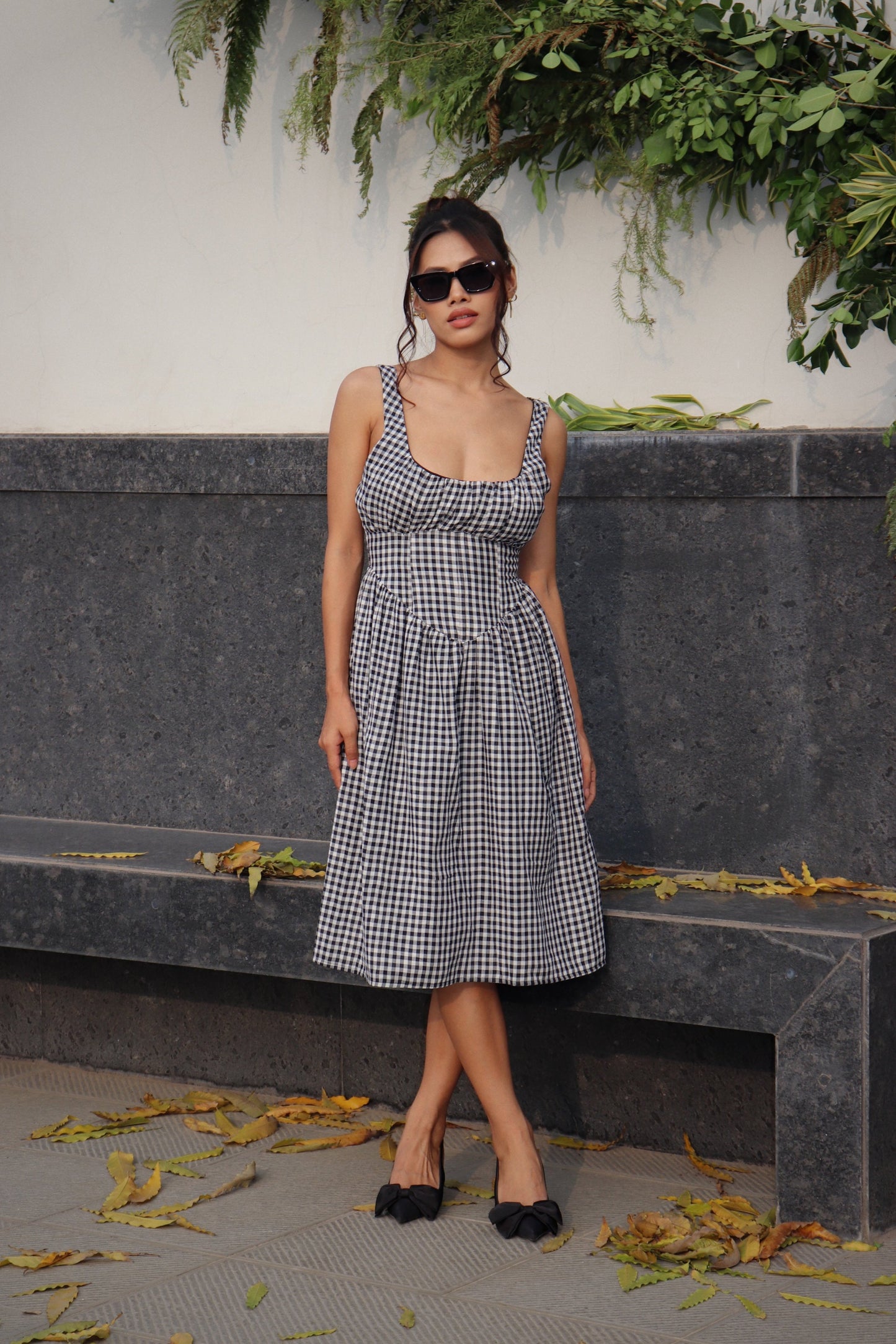 BLACK AND WHITE GINGHAM MIDI DRESS