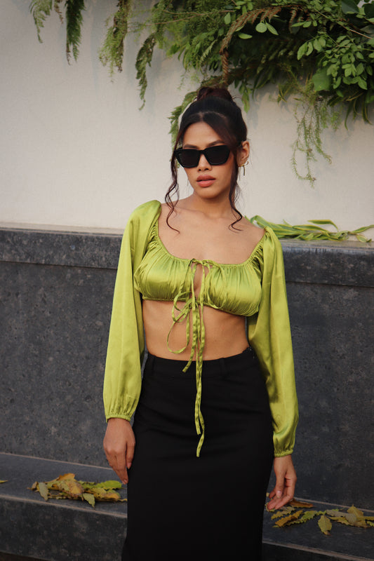 LIME GREEN GLOW SATIN CROP TOP