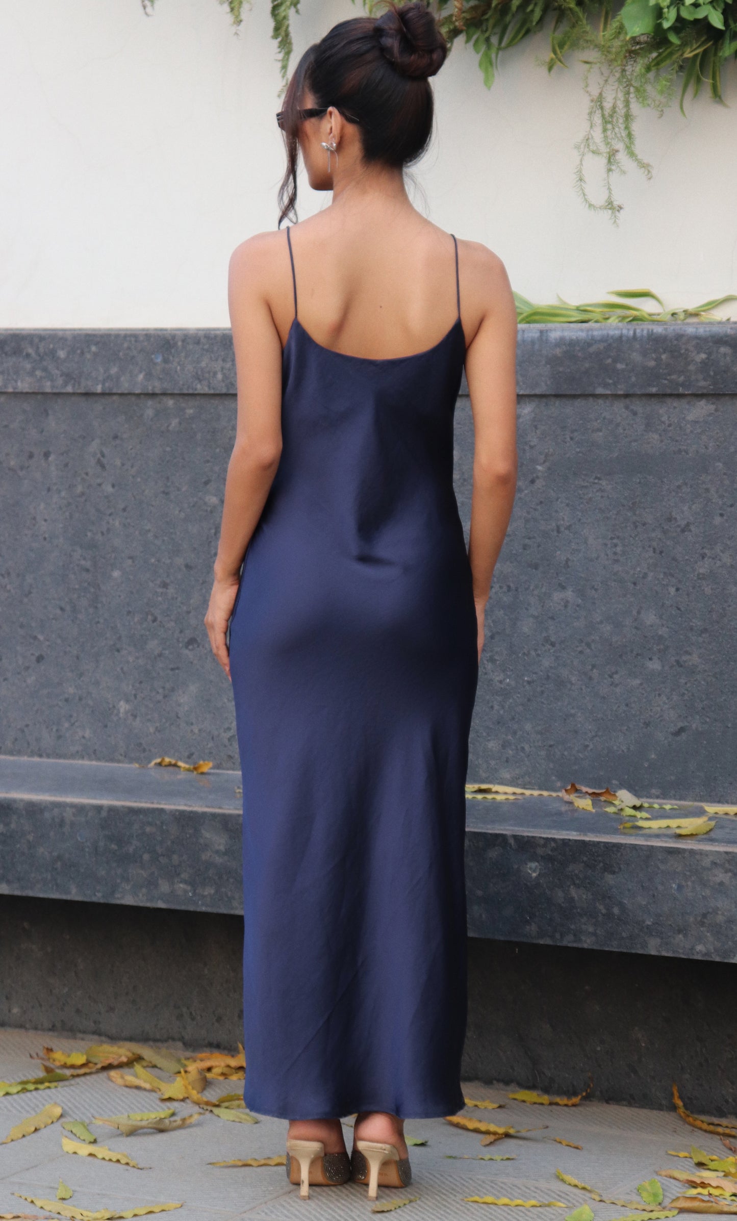 MIDNIGHT BLUE SATIN MAXI DRESS WITH PEARLS